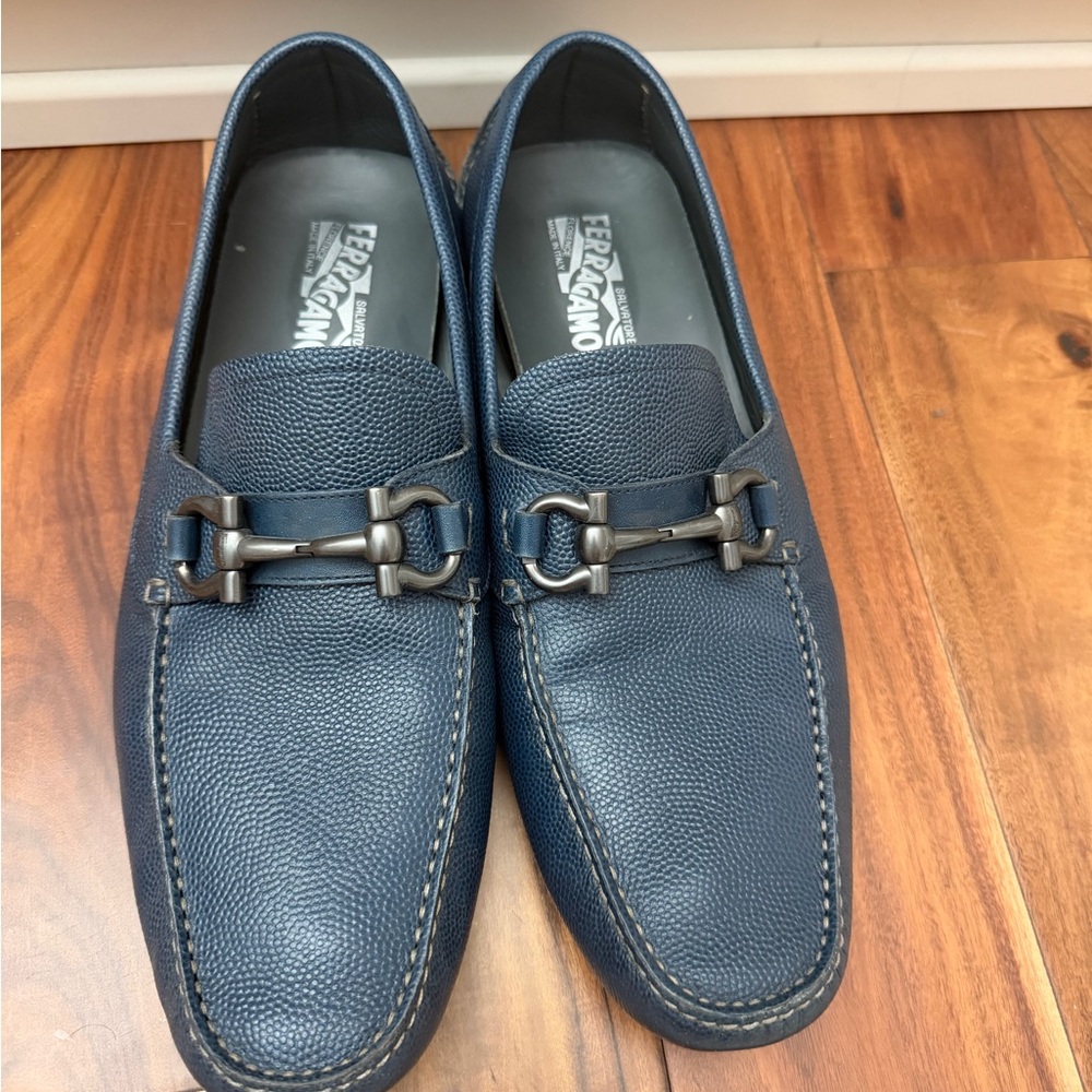 Salvatore Ferragamo Navy Pebbled Leather Bit Loafers